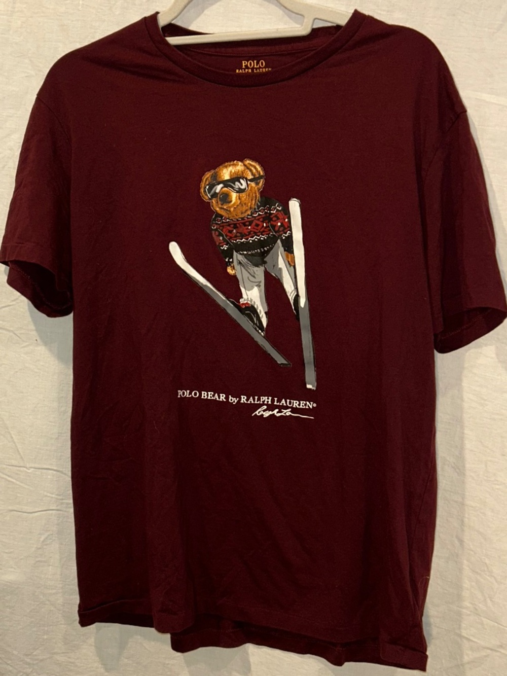 POLO Ralph Lauren Burgundy cotton teddy Bear Skiing t-shirt top L